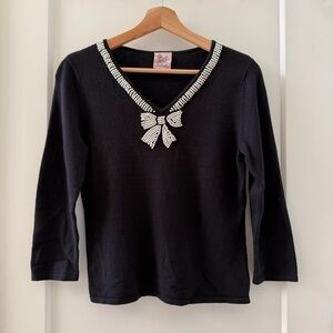 Pink Poodle Woman's Retro Y2K Beaded Pearl Bow V-Neck Black Sweater Top